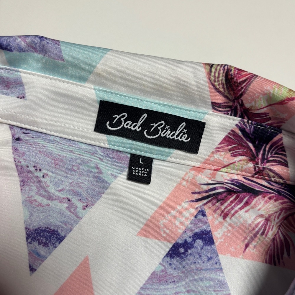 Bad Birdie Golf Performance Polo Mens L Palm Tree Geometric Pastel BeachShirt - Picture 7 of 7